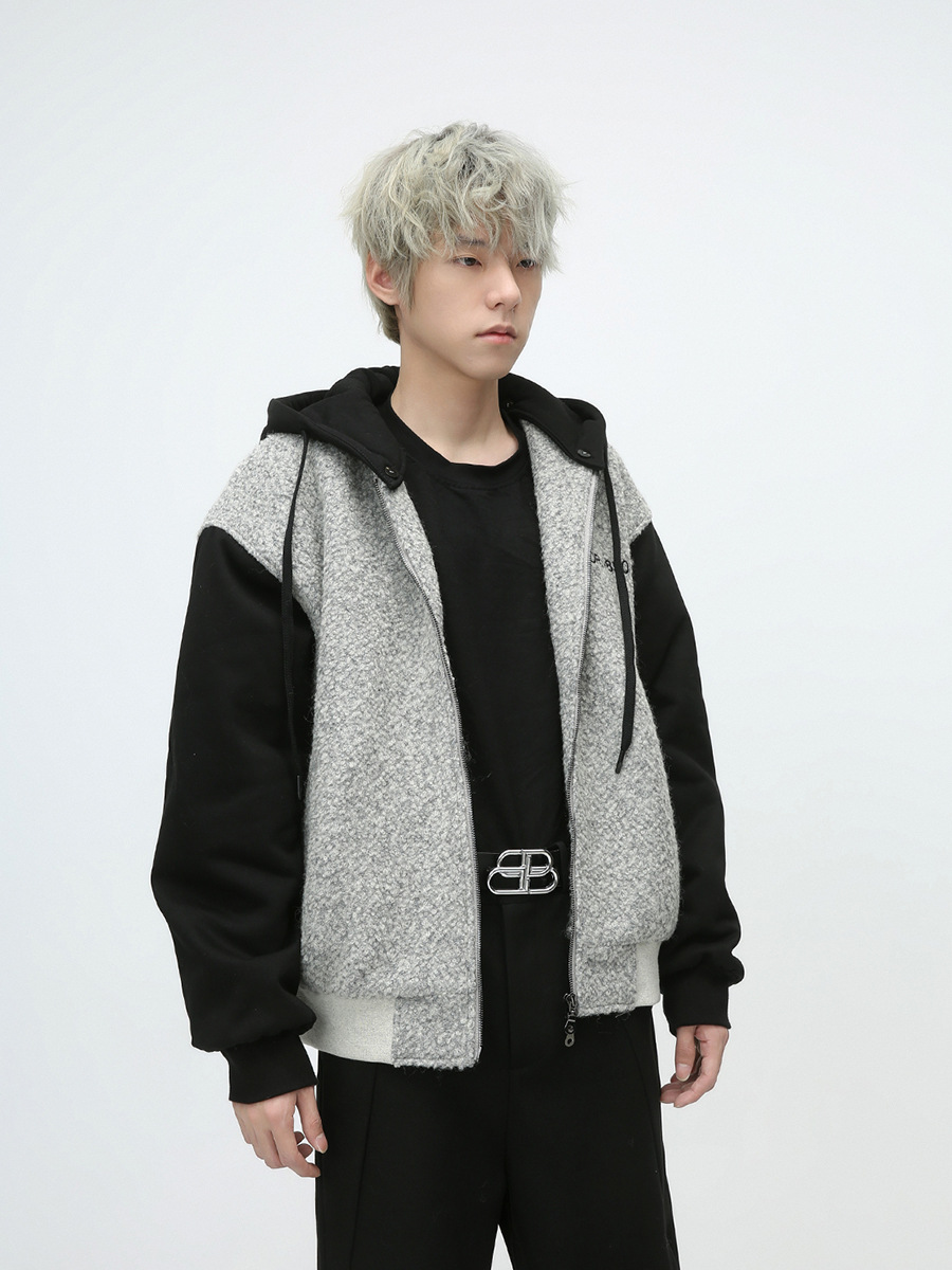American Style Patchwork Contrasting Wool Fleece Hooded Warm Jacket