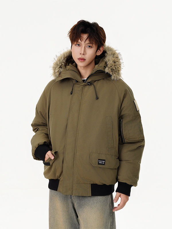 Short Medium Down Jacket with Faux Fur Collar