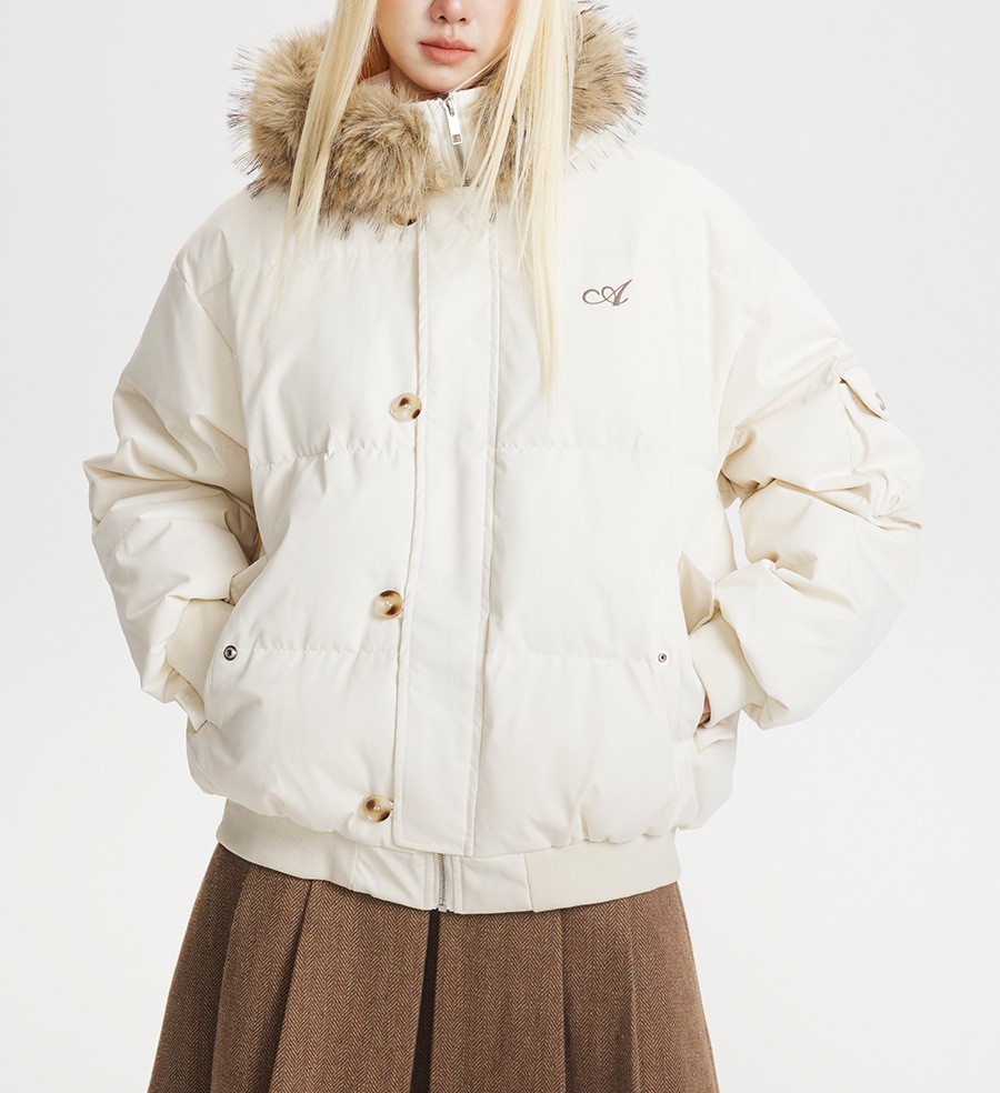 Short Down Jacket with Faux Fur Collar