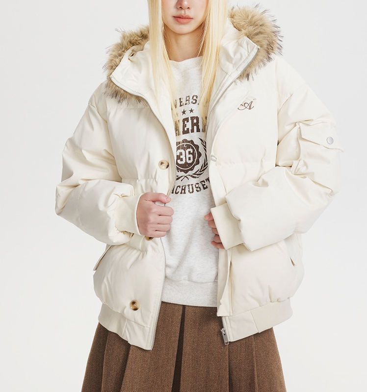 Short Down Jacket with Faux Fur Collar