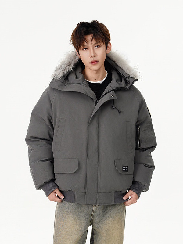 Short Medium Down Jacket with Faux Fur Collar