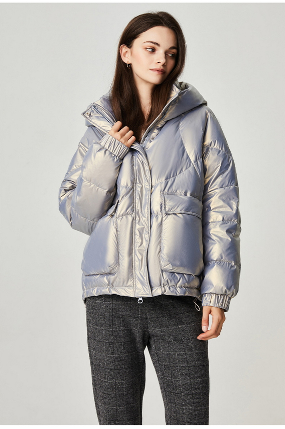 High Neck Hooded Fashionable Warmly Shining Down Jacket