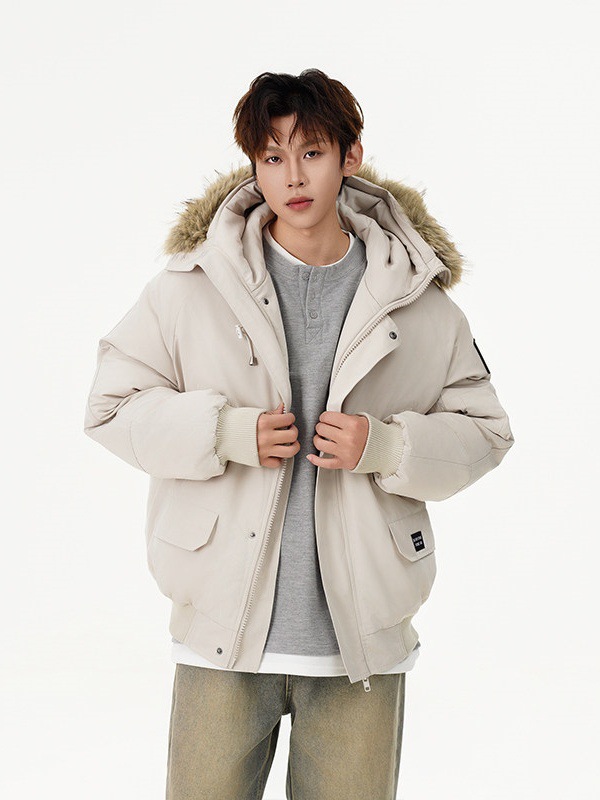 Short Medium Down Jacket with Faux Fur Collar