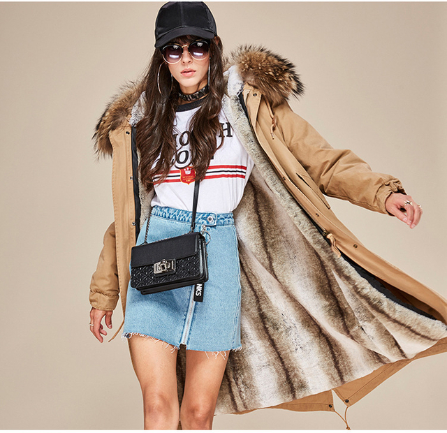 Women's Faux Rabbit Fur Raccoon Fur Collar Longer Parka Coat