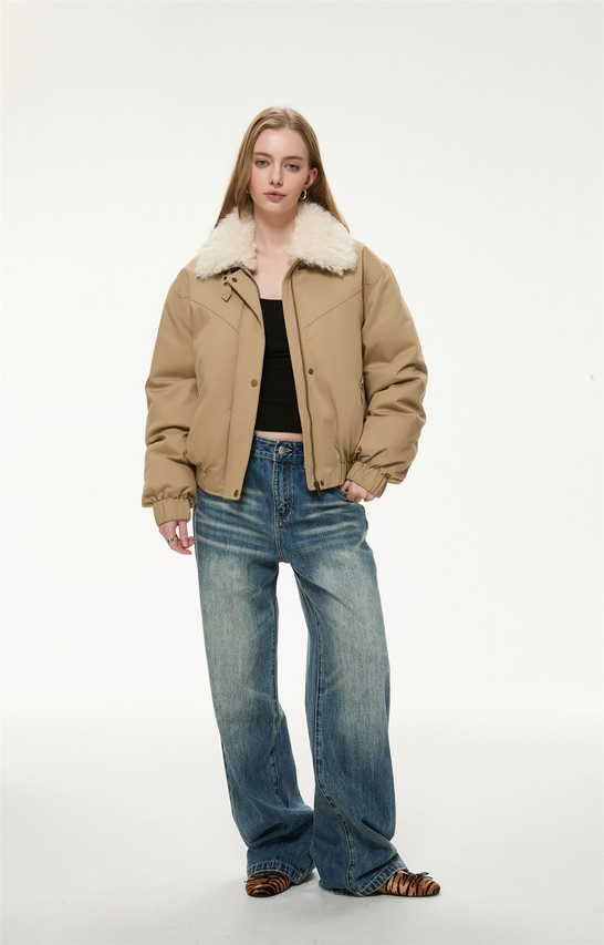 Short Down Puffy Jacket with Faux Fur Collar